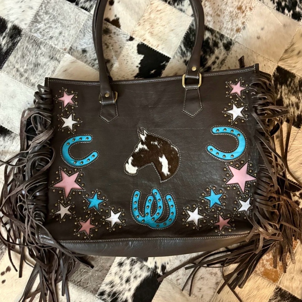 Fringed Western Tote Bag - Brown with Pink and Blue Accents leather new